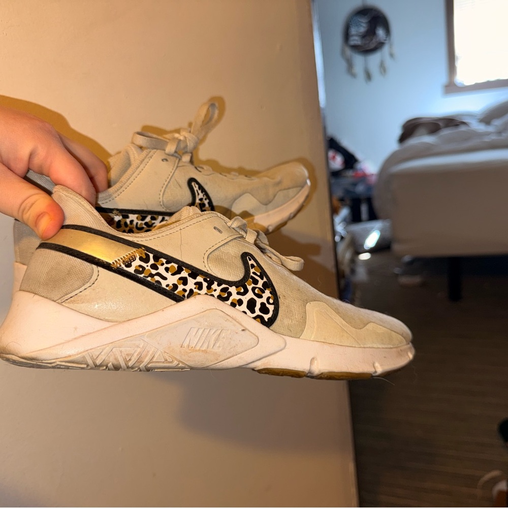 Nike Cream/White Sneakers with Leopard Swoosh Accent